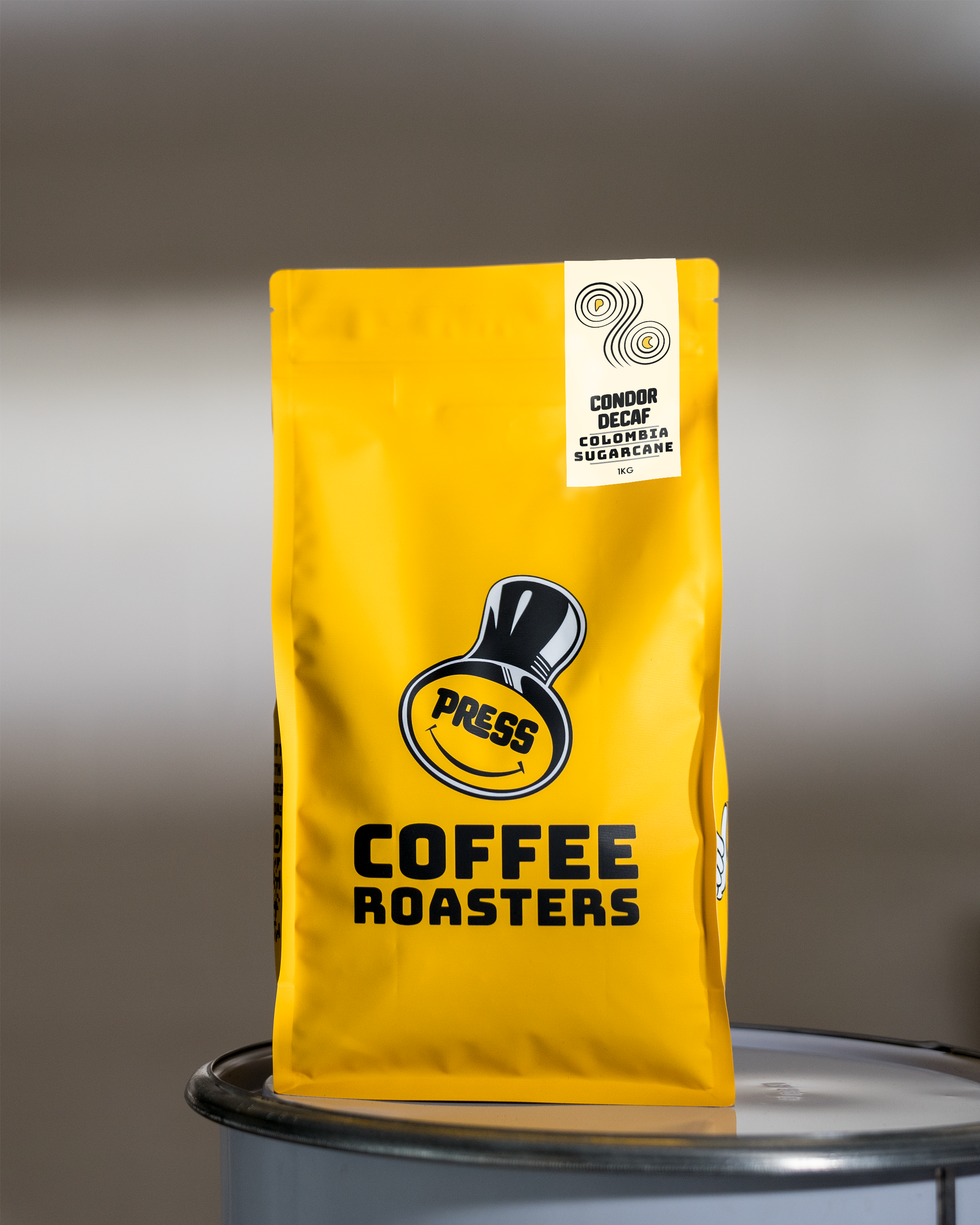 A 1kg bag of Condor Decaf Coffee from Colombia, roasted in small batches at the Press Coffee Roastery in Herne Hill, South London. 